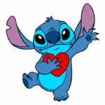 Personagem Stitch, do filme Lilo & Stitch, exibindo um coração vermelho, com um fundo verde. Ele tem pele azul, grandes orelhas rosas e um sorriso amigável, representando amizade e amor.