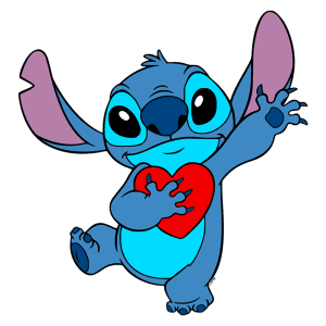 Personagem Stitch, do filme Lilo & Stitch, exibindo um coração vermelho, com um fundo verde. Ele tem pele azul, grandes orelhas rosas e um sorriso amigável, representando amizade e amor.
