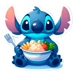 Stitch sentado segurando uma tigela cheia de comida, incluindo purê de batata, batatas fritas, morangos e vegetais, com um garfo ao seu lado.