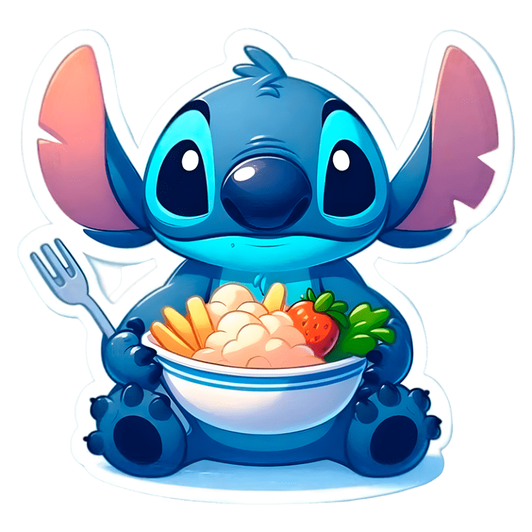 Stitch sentado segurando uma tigela cheia de comida, incluindo purê de batata, batatas fritas, morangos e vegetais, com um garfo ao seu lado.