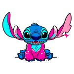 Imagem de Stitch, personagem carismático da Disney, sentado e sorridente, com pelagem azul e rosa, orelhas grandes e expressivas, destacando-se em um fundo verde.
