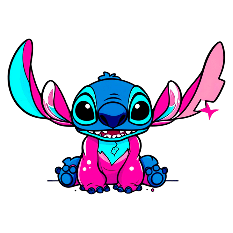 Imagem de Stitch, personagem carismático da Disney, sentado e sorridente, com pelagem azul e rosa, orelhas grandes e expressivas, destacando-se em um fundo verde.