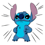 Personagem Stitch, da Disney, em pose confiante com expressão determinada, destacando suas grandes orelhas e pele azul. Ideal para conteúdo relacionado a animações ou cultura pop.