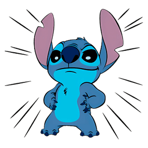 Personagem Stitch, da Disney, em pose confiante com expressão determinada, destacando suas grandes orelhas e pele azul. Ideal para conteúdo relacionado a animações ou cultura pop.