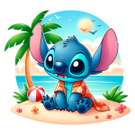 Stitch sentado na areia da praia, vestido com uma camisa havaiana, cercado por palmeiras, um sol radiante e um balde de praia, evocando um clima divertido e tropical.