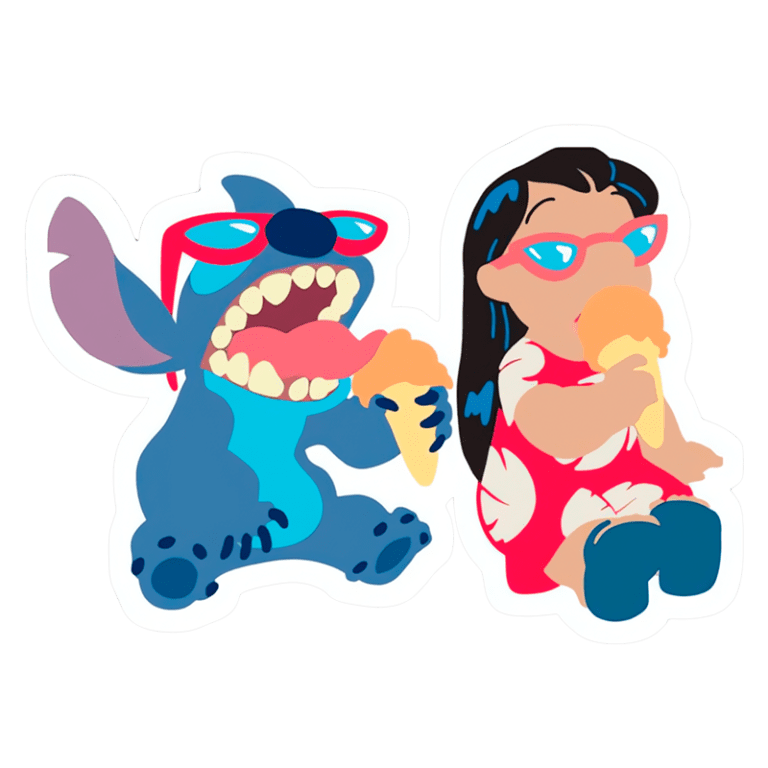 Personagens Stitch e Lilo se divertindo, usando óculos de sol, enquanto comem sorvete em estilo cartoon, com Lilo vestindo um vestido vermelho e Stitch mostrando sua personalidade exuberante.