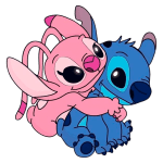 Personagens animados Stitch e Angel se abraçando, com Stitch em tons de azul e Angel em rosa, destacando suas expressões felizes e o ambiente colorido.