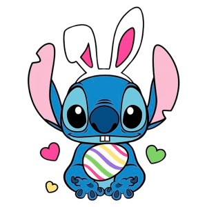 Personagem Stitch, com orelhas de coelho, segurando um ovo de Páscoa colorido e cercado por corações. Ideal para celebrações da Páscoa e itens decorativos.