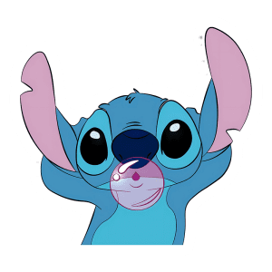 Personagem Stitch do filme Lilo & Stitch soprando uma bolha de chiclete, com expressão divertida e grandes orelhas, em fundo verde.