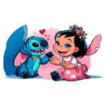 Ilustração colorida de uma menina sorridente com um vestido rosa e uma tiara de flores, brincando com um alienígena azul e fofo chamado Stitch. Ambos estão interagindo divertida e carinhosamente, com corações ao fundo, representando a amizade e a diversão.