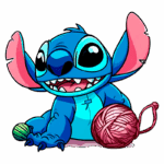 Desenho animado de Stitch, personagem azul sorridente com orelhas grandes, brincando com novelos de lã verde e rosa, contra um fundo verde.