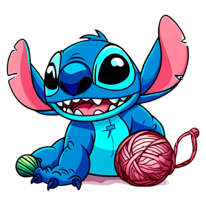 Desenho animado de Stitch, personagem azul sorridente com orelhas grandes, brincando com novelos de lã verde e rosa, contra um fundo verde.