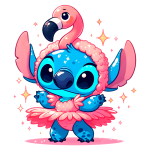 Personagem animado azul vestido como flamingo, com saia de penas rosa e um flamingo na cabeça. Fundo verde com estrelas brilhantes. Ideal para conteúdo sobre personagens de desenho animado e fantasia.