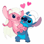Imagem do Stitch e uma versão estilizada da sua parceira, ambos com expressões amorosas, onde Stitch segura a personagem feminina vestida de noiva com véu, simbolizando amor e celebração.