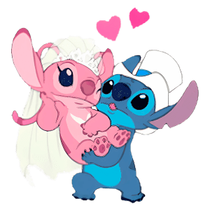 Imagem do Stitch e uma versão estilizada da sua parceira, ambos com expressões amorosas, onde Stitch segura a personagem feminina vestida de noiva com véu, simbolizando amor e celebração.
