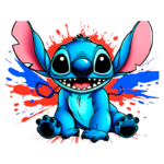 Personagem animado Stitch, do filme Lilo & Stitch, com pele azul vibrante e grandes orelhas, sorrindo em meio a respingos de tinta colorida. Ideal para fãs de desenhos animados e produtos licenciados.