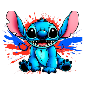 Personagem animado Stitch, do filme Lilo & Stitch, com pele azul vibrante e grandes orelhas, sorrindo em meio a respingos de tinta colorida. Ideal para fãs de desenhos animados e produtos licenciados.