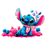 Personagem Stitch, do filme Lilo & Stitch, sentado entre flores coloridas em tons de rosa e azul, com um sorriso alegre e aspecto divertido. Ideal para fãs de animação e cultura pop.