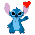 Personagem Stitch segurando um balão vermelho em formato de coração, ilustrado com traços coloridos em estilo animado.