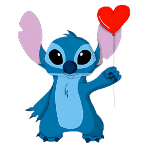 Personagem Stitch segurando um balão vermelho em formato de coração, ilustrado com traços coloridos em estilo animado.