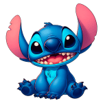Personagem Stitch, do filme Lilo & Stitch, com pele azul, grandes orelhas cor-de-rosa e sorriso alegre, sentado em pose fofinha, fundo verde.