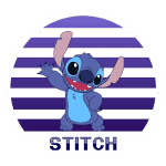 Imagem do personagem Stitch, da Disney, em fundo listrado roxo e branco, acenando e exibindo um sorriso alegre. O nome "STITCH" está destacado abaixo do personagem.