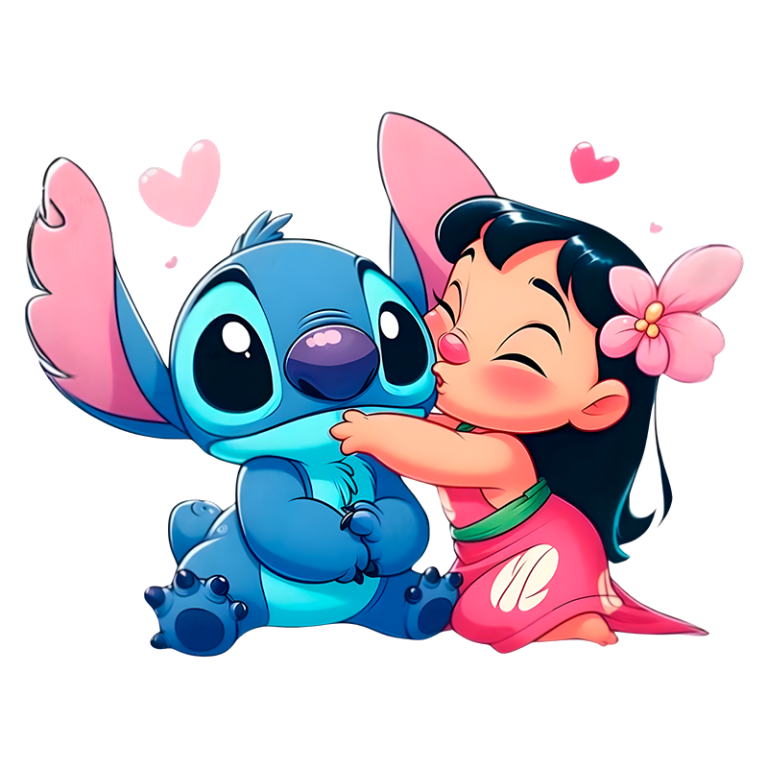 Lilo e Stitch se abraçando, com corações ao fundo, representando amizade e carinho. Lilo usa uma roupa havaiana tradicional, enquanto Stitch exibe seu característico tom azul.