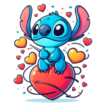Desenho Stitch sentado em um coração vermelho, cercado por corações em várias cores. Ideal para ilustrar temas de amor e amizade.