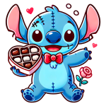 Personagem de desenho animado Stitch, da Disney, segurando uma caixa de chocolates em formato de coração e uma rosa, com um fundo colorido e corações flutuantes ao redor. Ideal para temas de amor e amizade.
