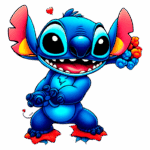 Personagem de desenho animado Stitch, com pele azul e orelhas grandes, sorrindo e fazendo uma pose divertida. O fundo é verde e há corações flutuantes ao redor, transmitindo uma sensação de alegria e fofura. Ideal para fãs de animações e cultura pop.