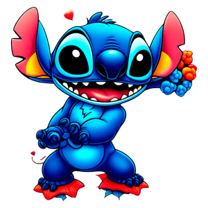 Personagem de desenho animado Stitch, com pele azul e orelhas grandes, sorrindo e fazendo uma pose divertida. O fundo é verde e há corações flutuantes ao redor, transmitindo uma sensação de alegria e fofura. Ideal para fãs de animações e cultura pop.