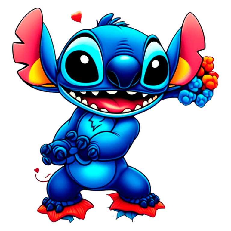 Personagem de desenho animado Stitch, com pele azul e orelhas grandes, sorrindo e fazendo uma pose divertida. O fundo é verde e há corações flutuantes ao redor, transmitindo uma sensação de alegria e fofura. Ideal para fãs de animações e cultura pop.