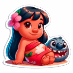 Lilo usando uma saia vermelha decorada com flores brancas, sentada ao lado Stitch com olhos grandes e boca sorridente. A imagem é colorida e expressa um estilo divertido e amigável.
