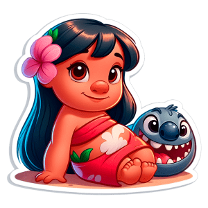 Lilo usando uma saia vermelha decorada com flores brancas, sentada ao lado Stitch com olhos grandes e boca sorridente. A imagem é colorida e expressa um estilo divertido e amigável.