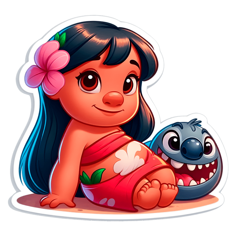 Lilo usando uma saia vermelha decorada com flores brancas, sentada ao lado Stitch com olhos grandes e boca sorridente. A imagem é colorida e expressa um estilo divertido e amigável.