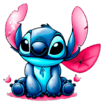 Stitch sentado e sorrindo, rodeado de bolhas rosa. Ideal para ilustrações infantis e merchandising.