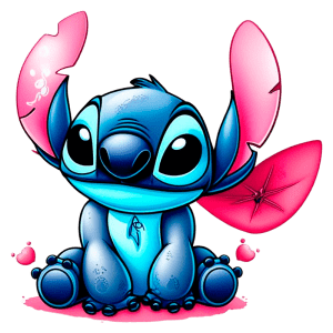 Stitch sentado e sorrindo, rodeado de bolhas rosa. Ideal para ilustrações infantis e merchandising.