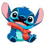 Personagem animado Stitch, da Disney, com pelagem azul e grandes orelhas. Ele está sorrindo, vestindo um cachecol laranja, em uma pose divertida. Ideal para conteúdos sobre animações e cultura pop.