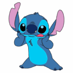 Personagem Stitch, do desenho animado "Lilo & Stitch", com pelagem azul e orelhas grandes e rosa, fazendo uma expressão divertida e puxando o próprio rosto com as mãos.