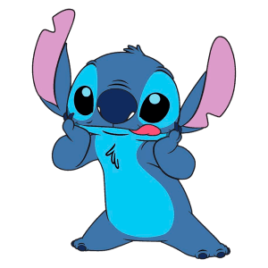 Personagem Stitch, do desenho animado "Lilo & Stitch", com pelagem azul e orelhas grandes e rosa, fazendo uma expressão divertida e puxando o próprio rosto com as mãos.