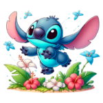 Stitch pulando alegremente em meio a flores e folhas tropicais coloridas.