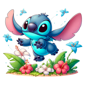 Stitch pulando alegremente em meio a flores e folhas tropicais coloridas.