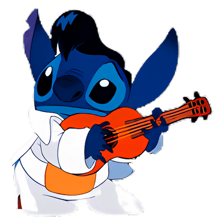 Personagem Stitch da Disney, vestido com um traje branco, tocando um ukulele laranja, com um cabelo preto estilizado, transmitindo uma sensação de diversão e musicalidade.