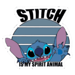 Imagem de Stitch, personagem da Disney, com a frase "STITCH IS MY SPIRIT ANIMAL" em destaque. Stitch aparece sorrindo e levantando as patas dianteiras em um fundo listrado. Ideal para fãs de animações e cultura pop.