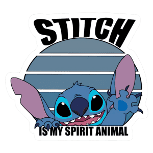 Imagem de Stitch, personagem da Disney, com a frase "STITCH IS MY SPIRIT ANIMAL" em destaque. Stitch aparece sorrindo e levantando as patas dianteiras em um fundo listrado. Ideal para fãs de animações e cultura pop.