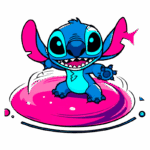 Personagem animado Stitch, de cor azul e rosa, sorrindo e fazendo um gesto divertido em uma superfície rosa, destacando-se em um fundo simples. Ideal para conteúdo de entretenimento infantil e cultura pop.