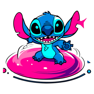 Personagem animado Stitch, de cor azul e rosa, sorrindo e fazendo um gesto divertido em uma superfície rosa, destacando-se em um fundo simples. Ideal para conteúdo de entretenimento infantil e cultura pop.