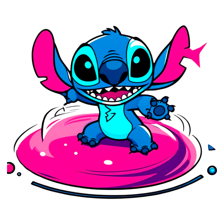 Personagem animado Stitch, de cor azul e rosa, sorrindo e fazendo um gesto divertido em uma superfície rosa, destacando-se em um fundo simples. Ideal para conteúdo de entretenimento infantil e cultura pop.