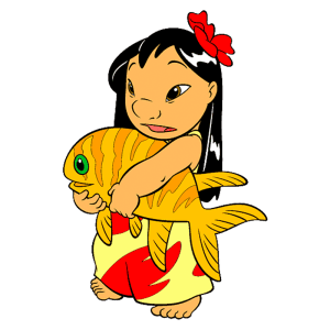 Lilo com cabelo preto e flor vermelha segurando um grande peixe amarelo em um fundo verde. A personagem usa uma roupa colorida e expressa surpresa. Ideal para temas relacionados à amizade, natureza e cultura.