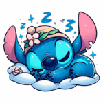 Stitch com orelhas grandes e um lenço na cabeça, dormindo em uma nuvem. Ele está cercado por estrelas e símbolos de soninho, transmitindo uma sensação de tranquilidade e descanso. Ideal para produtos infantis ou decoração lúdica.